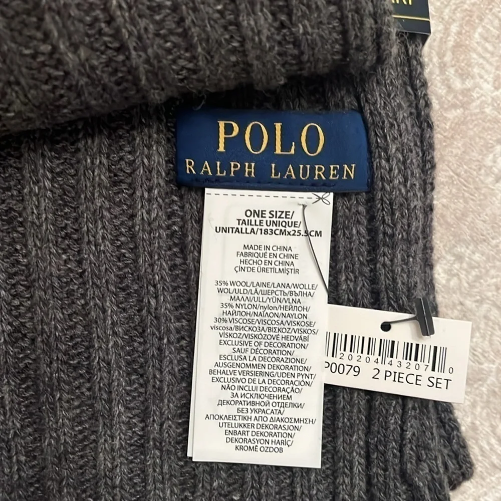 Brand New Polo Ralph Lauren 2-Piece Knit Beanie Hat & Scarf Set Gray Wool Pony